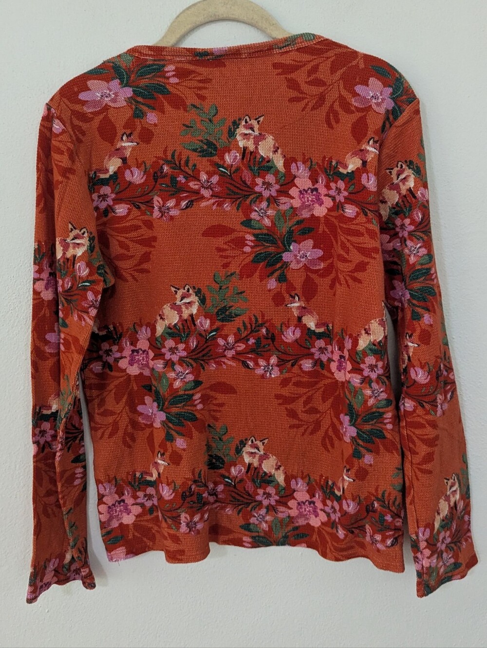 Sundance Mountain Foxes Waffle Knit Henley Long Sleeve Top Floral Orange Medium - Picture 6 of 8